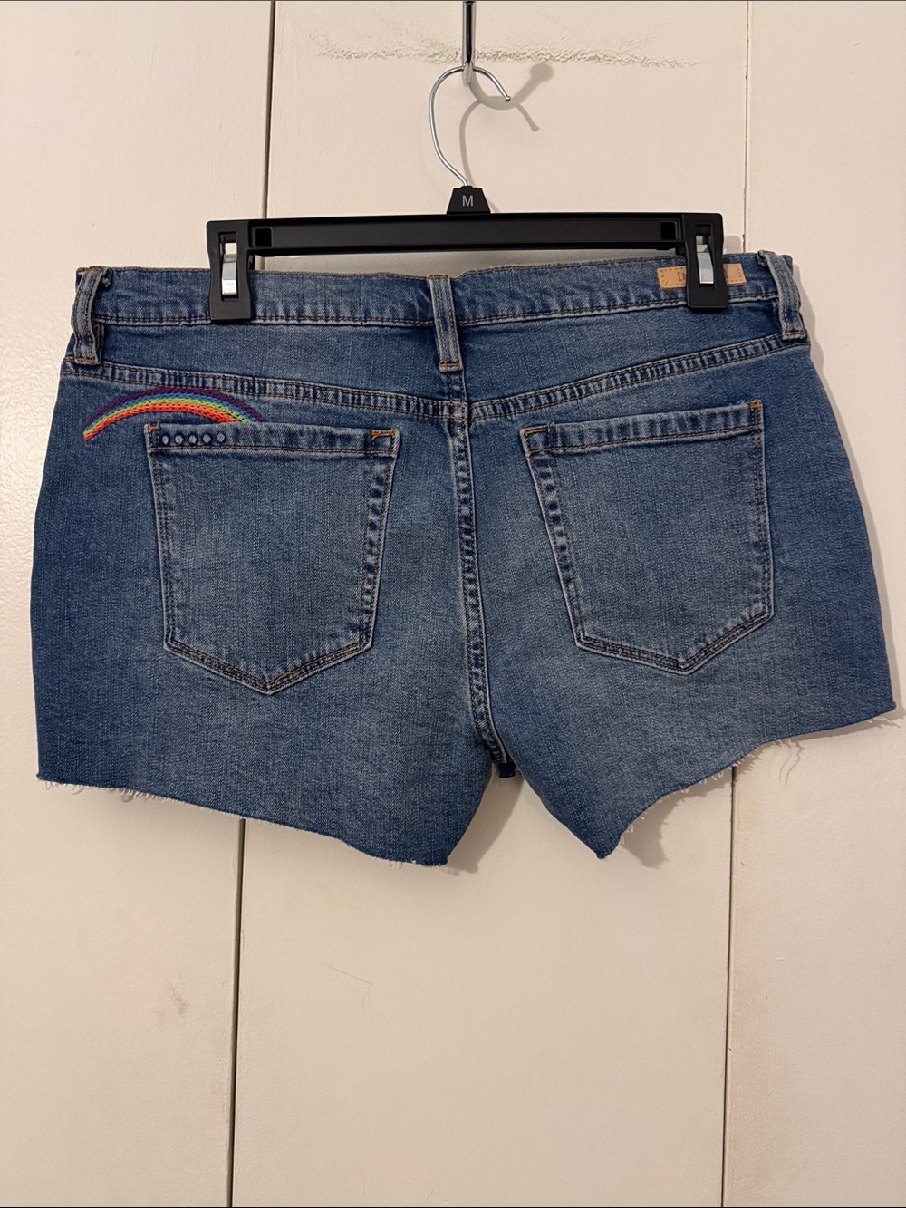 Blank NYC Blue Denim Cutoff Shorts with Rainbow Embroidery